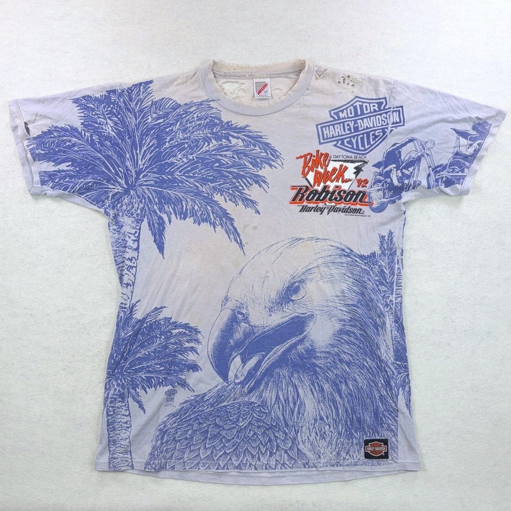 Vintage 1992 Harley Davidson Daytona Bike Week T Shirt All Over Print Thrashed L